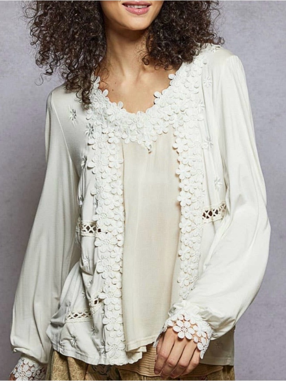 POL Cream Floral Appliqué Long-Sleeve Top